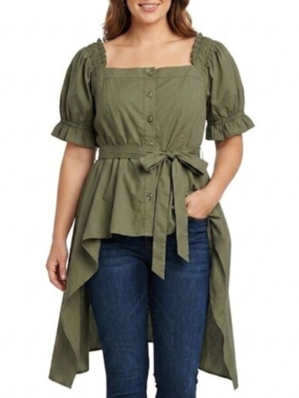 New York & Company Olive Green Hi-Low Hem Tunic XL Cotton Puff Sleeve